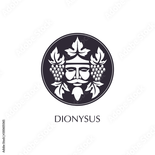 Man face logo with grape berries and leaves. Bacchus or Dionysus. Antique style for winemakers or wines. Vector illustration