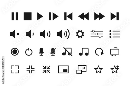 Media player icons set. Video and audio controller buttons. Music and multimedia navigation collection. Microphone icon with volume sign. Equalizer tool with play and stop