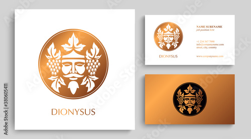 Man face logo with grape berries and leaves. Bacchus or Dionysus. Antique style for winemakers or wines. Vector illustration
