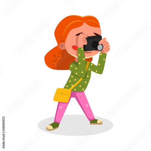 Girl Photographer Character with Camera, Kids Hobby or Future Profession Cartoon Style Vector Illustration