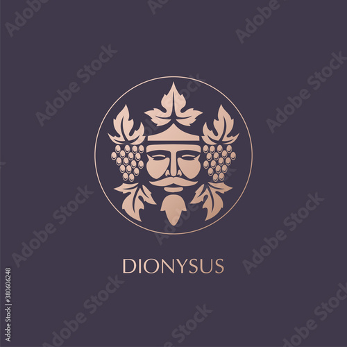 Man face logo with grape berries and leaves. Bacchus or Dionysus. Antique style for winemakers or wines. Vector illustration