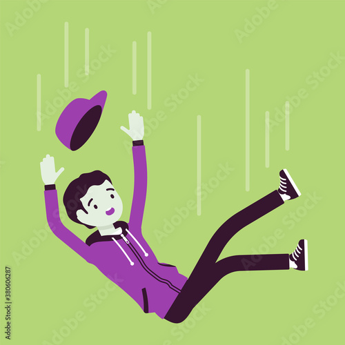 Falling down unsuccessful young man, making mistake, failure. Guy in unfortunate incident, not achieving life goal, failed in work, study, losing support. Vector creative stylized illustration