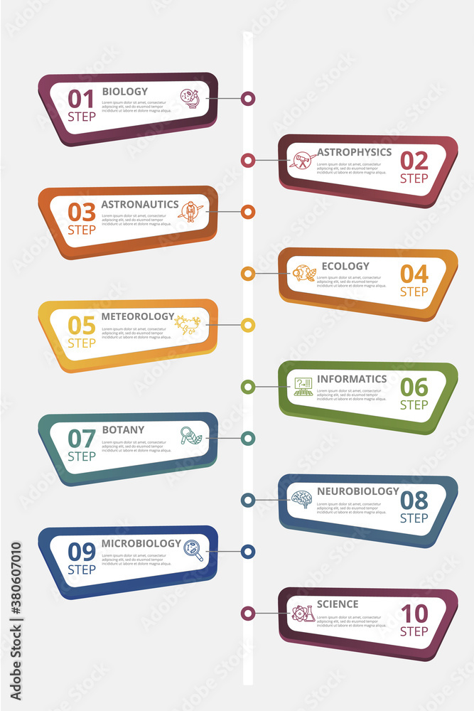 Infographic Science template. Icons in different colors. Include Science, Microbiology, Informatics, Neurobiology and others. Infographic Science template. Icons in different colors. Include Science, Microbiology, Informatics, Neurobiology and others.
