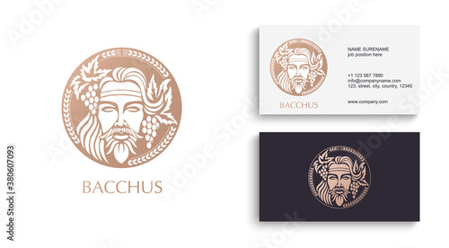 Man face logo with grape berries and leaves. Bacchus or Dionysus. A style for winemakers or brewers.