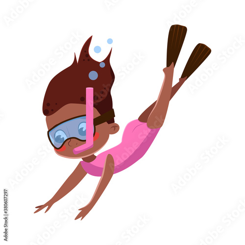 Girl in Scuba Diving Mask Swimming Underwater, Summer Sport or Recreational Activity Concept Cartoon Style Vector Illustration