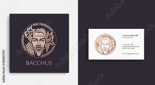 Man face logo with grape berries and leaves. Bacchus or Dionysus. A style for winemakers or brewers.