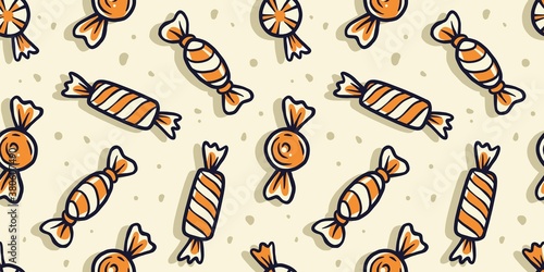 Colored seamless pattern with sweets candy illustrations for holiday design. Halloween or New Year elements. October party banner, poster or postcard