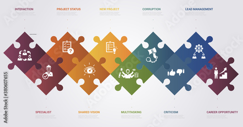 Infographic Management template. Icons in different colors. Include Lead Management, Criticism, Specialist, Interaction and others.