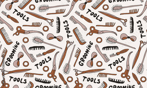 Hand drawn grooming tools. Vector illustration of hairdresser accessories. Barber shop, pet service. Seamless pattern with scissors and brushes