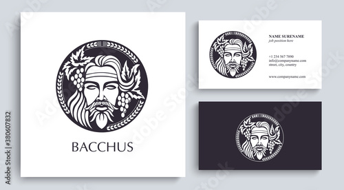 Man face logo with grape berries and leaves. Bacchus or Dionysus. A style for winemakers or brewers. photo