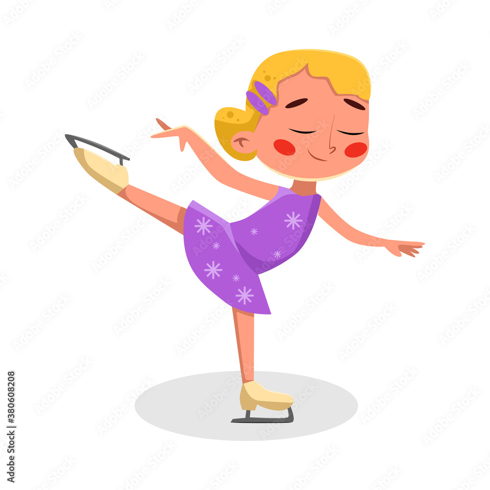 Cute Girl Figure Skating on Rink, Kid Doing Sports, Active Healthy Lifestyle Concept Cartoon Style Vector Illustration Cute Girl Figure Skating on Rink, Kid Doing Sports, Active Healthy Lifestyle Concept Cartoon Style Vector Illustration