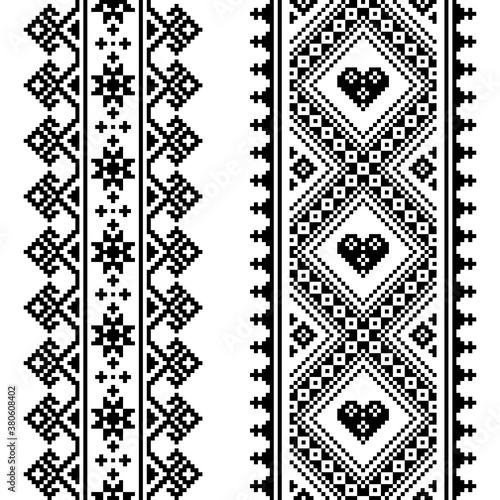 Traditional Ukrainian and Belarusian folk art vector pattern - vertical seamless cross-stitch design in black and white
 