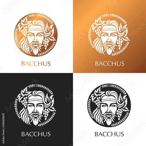 Man face logo with grape berries and leaves. Bacchus or Dionysus. A style for winemakers or brewers.