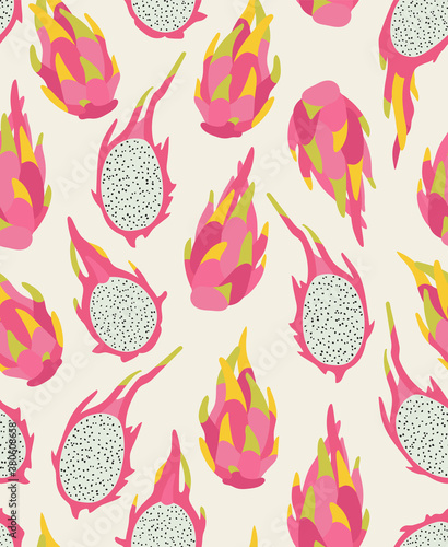 Seamless pattern of pink dragon fruit and half of dragon fruit background elements on a beige background. Colorful background texture for kitchen, wallpaper, textile, fabric, paper. Pitaya pattern.