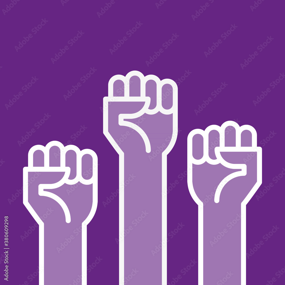 Fototapeta premium Fists hands up vector illustration. Concept of unity, revolution, fight, cooperation. Flat outline design.