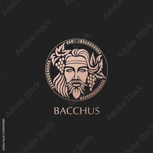 Man face logo with grape berries and leaves. Bacchus or Dionysus. A style for winemakers or brewers.