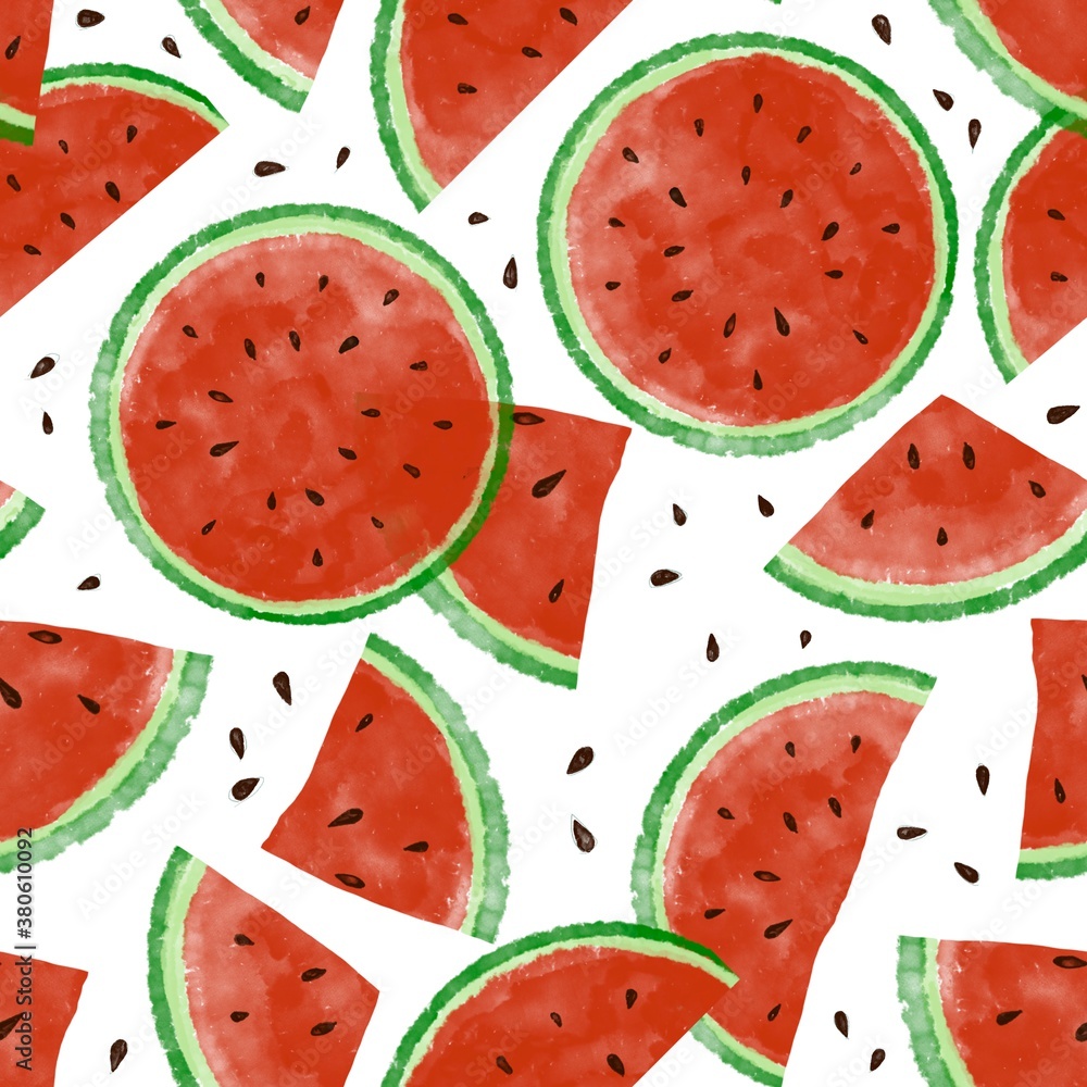 Fresh green red watermelon seamless surface pattern hand drawn in digital watercolor. Isolated on white. Whole, half, slice cut, seeds Fresh green red watermelon seamless surface pattern hand drawn in digital watercolor. Isolated on white. Whole, half, slice cut, seeds