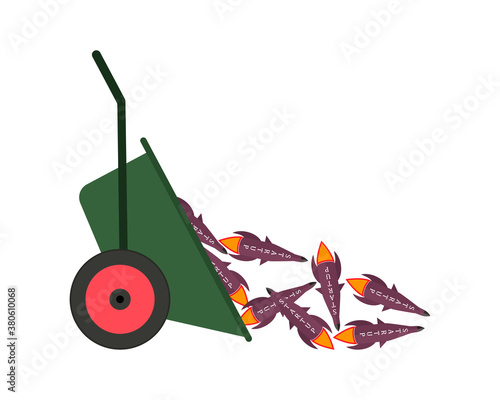 The concept of useless unrealized startups. Many rockets with the inscription startup were thrown from the garden wheelbarrow. Vector illustration.