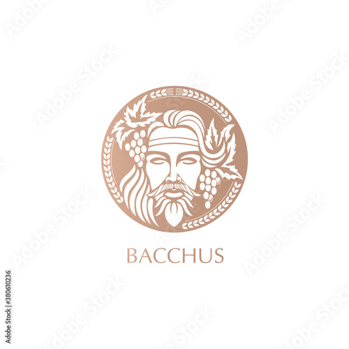 Man face logo with grape berries and leaves. Bacchus or Dionysus. A style for winemakers or brewers.
