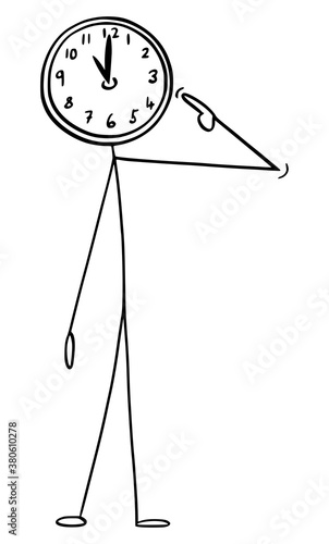 Vector cartoon stick figure drawing conceptual illustration of man with clock or watch as head. Concept of time management and working under deadline.