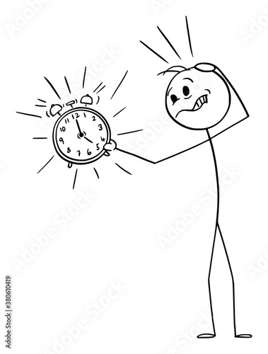 Vector cartoon stick figure drawing conceptual illustration of unhappy frustrated man or businessman holding ringing alarm clock. Concept of wake up, deadline or time management.