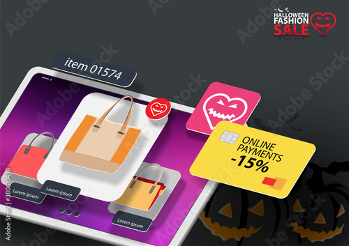  Interface of an online store selling women's bags on the screen of a digital tablet for Halloween