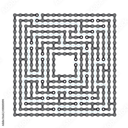 Vector realistic bicycle chain educational square maze game. Labirint with right way. Isolated on white background.