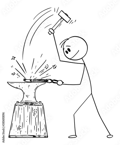 Vector cartoon stick figure drawing conceptual illustration of blacksmith or smith working at forge with hammer, hammering piece of hot metal in anvil.