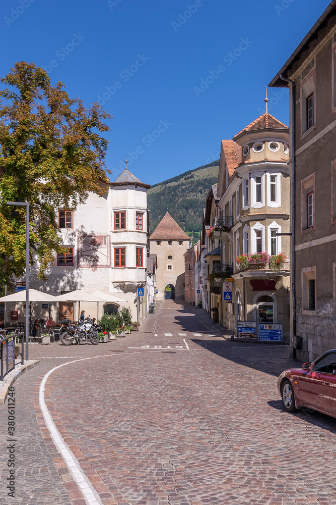 One of the main streets in the historic center of Glurns, leading up to the north gate, South Tyrol, Italy