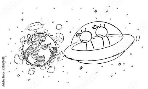 Vector cartoon stick figure drawing conceptual illustration of two funny aliens in UFO or flying saucer watching planet Earth from space, nuclear war explosion on the surface, destruction of mankind.