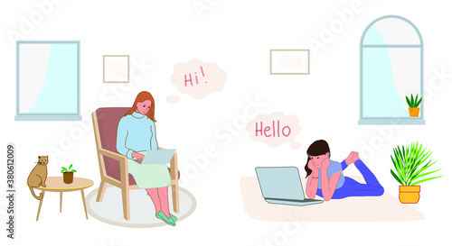 Collection of dreamy people isolated on white. Smiling thoughtful young women working and relaxing at home.