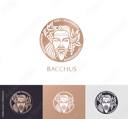 Man face logo with grape berries and leaves. Bacchus or Dionysus. A style for winemakers or brewers.