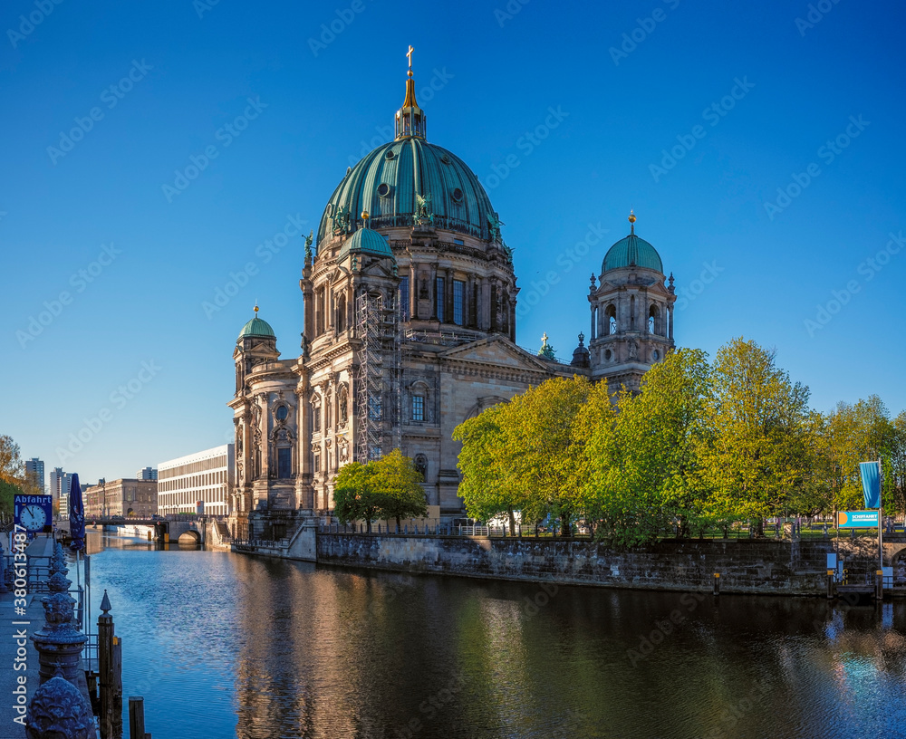 berliner dom at river spree on a sunny day in spring. Humbioldt forum im stadtschloss in the background