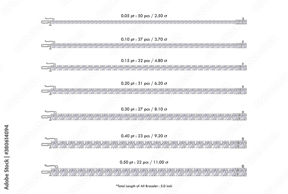 Fototapeta premium Tennis Bracelet Diamond Pieces Carat Comparison Guide for 5 inch Length Bracelet