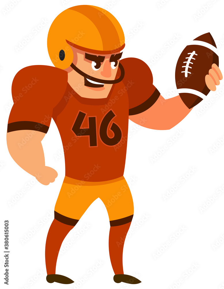 American football player holding rugby ball. Male character in cartoon style.