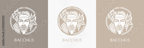 Man face logo with grape berries and leaves. Bacchus or Dionysus. A style for winemakers or brewers.