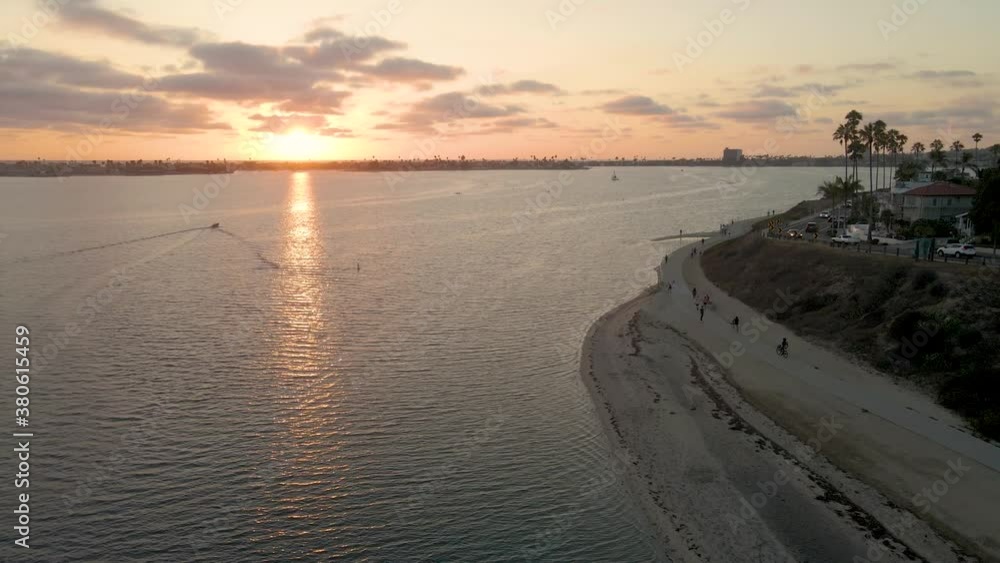 Aerial pan down over boardwalk in San Diego, Crown Point Aerial pan down over boardwalk in San Diego, Crown Point