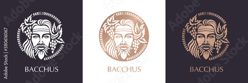 Man face logo with grape berries and leaves. Bacchus or Dionysus. A style for winemakers or brewers.