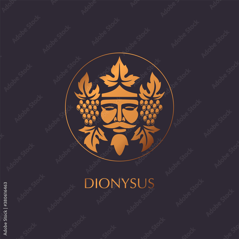 Man face logo with grape berries and leaves. Bacchus or Dionysus. Antique style for winemakers or wines. Vector illustration