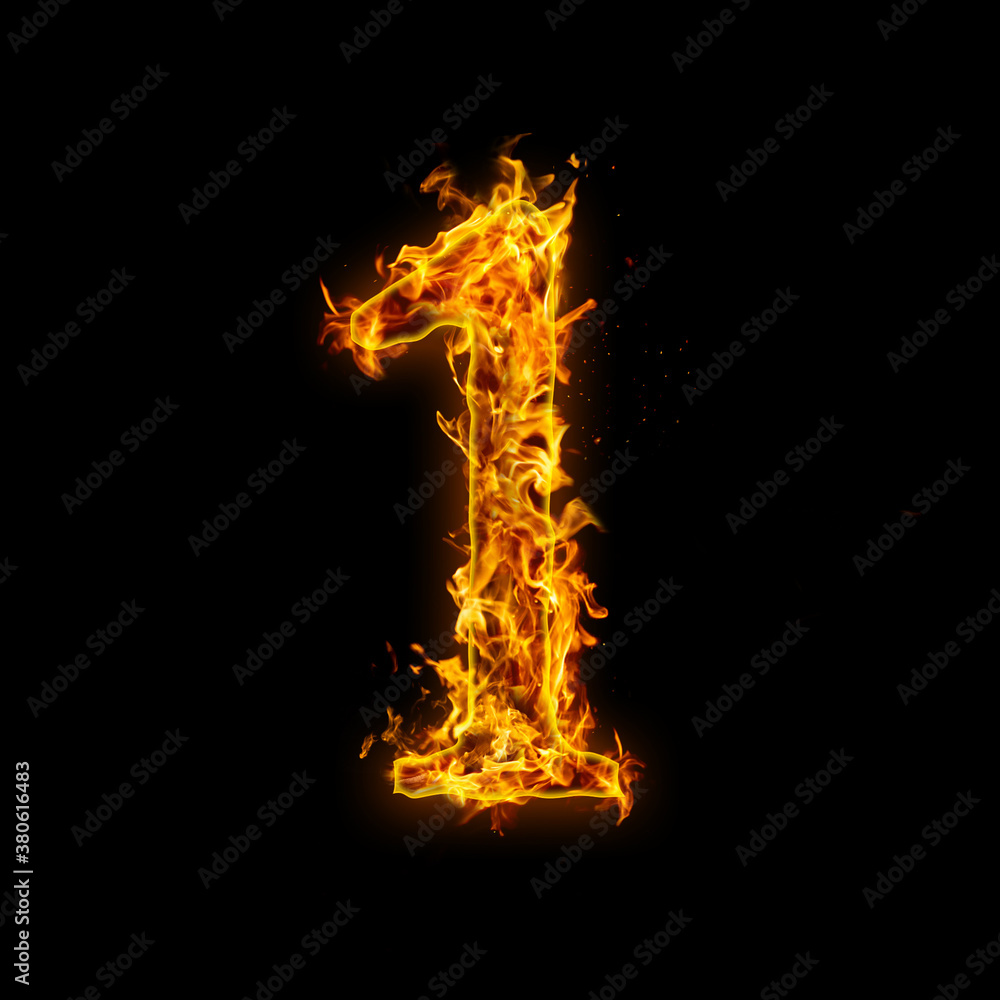 Number 1. Fire flames on black isolated background, realistick fire effect  with sparks. Part of alphabet set Stock Illustration | Adobe Stock