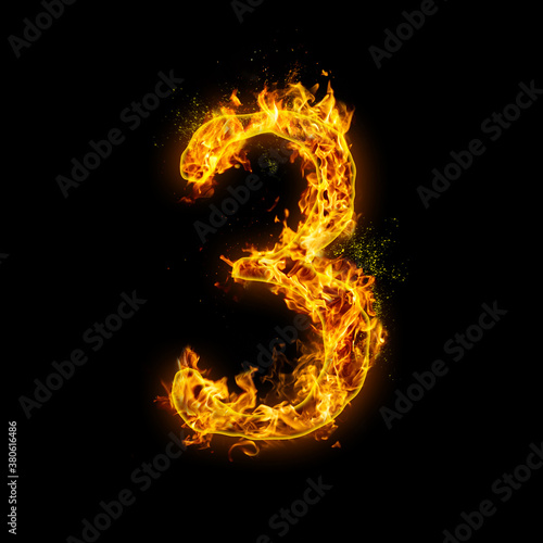 Number 3. Fire flames on black isolated background, realistick fire effect with sparks. Part of alphabet set