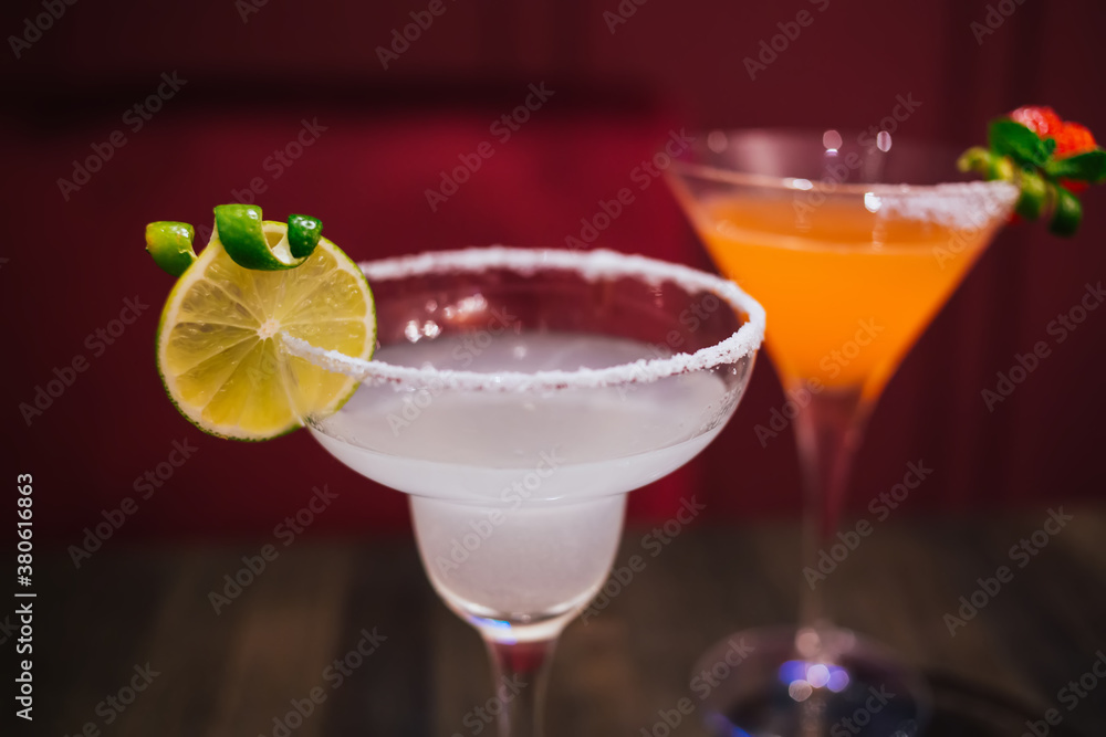 Glasses of cocktails in bar