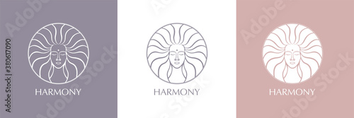 Female face logo. Emblem for a beauty or yoga salon. Style of harmony and beauty. Vector illustration