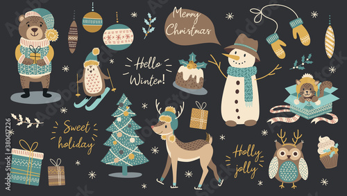 Set of modern hand drawn christmas animals and other isolated elements. Vector illustration.