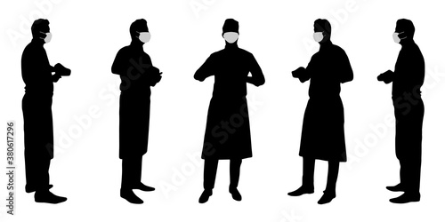 Vector concept conceptual  silhouette men working while social distancing as means of prevention and protection against coronavirus contamination. A metaphor for the new normal.