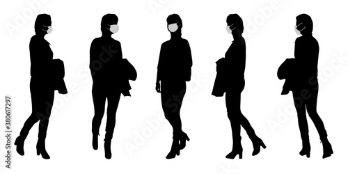 Vector concept conceptual  silhouette women taking while social distancing as means of prevention and protection against coronavirus contamination. A metaphor for the new normal.