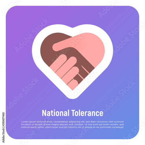 National tolerance flat icon. Handshake in heart shape. Multicultural cooperation, antiracism, integration in society. Vector illustration.