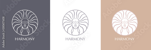 Female face logo. Emblem for a beauty or yoga salon. Style of harmony and beauty. Vector illustration