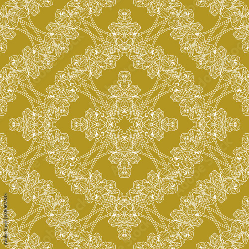 Geometrically organised French style garden vector seamless pattern. Hand drawn line art freesia texture. Infinite floral hedges for prints and home decor. 