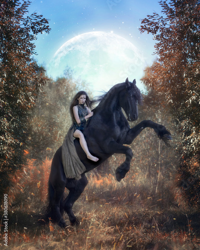 Barbarian girl astride a rearing black Friesian horse
